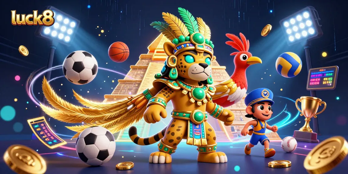 Experience the excitement of luck8's immersive gaming with vibrant Mayan characters and dynamic sports elements.