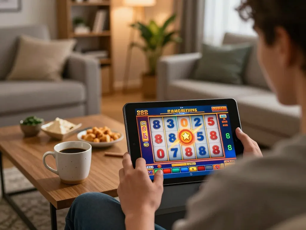 Engaging online slot Malaysia gameplay on tablet, cozy home setup with snacks and coffee.