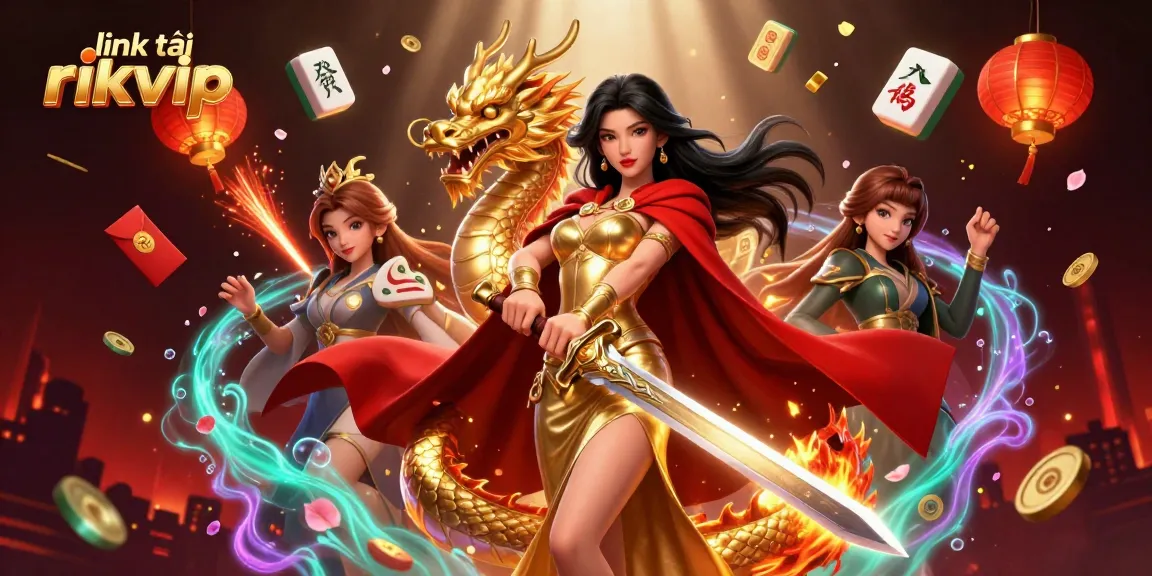 Play exciting games at link tải rikvip with a dynamic illustration featuring a warrior queen and golden dragon.