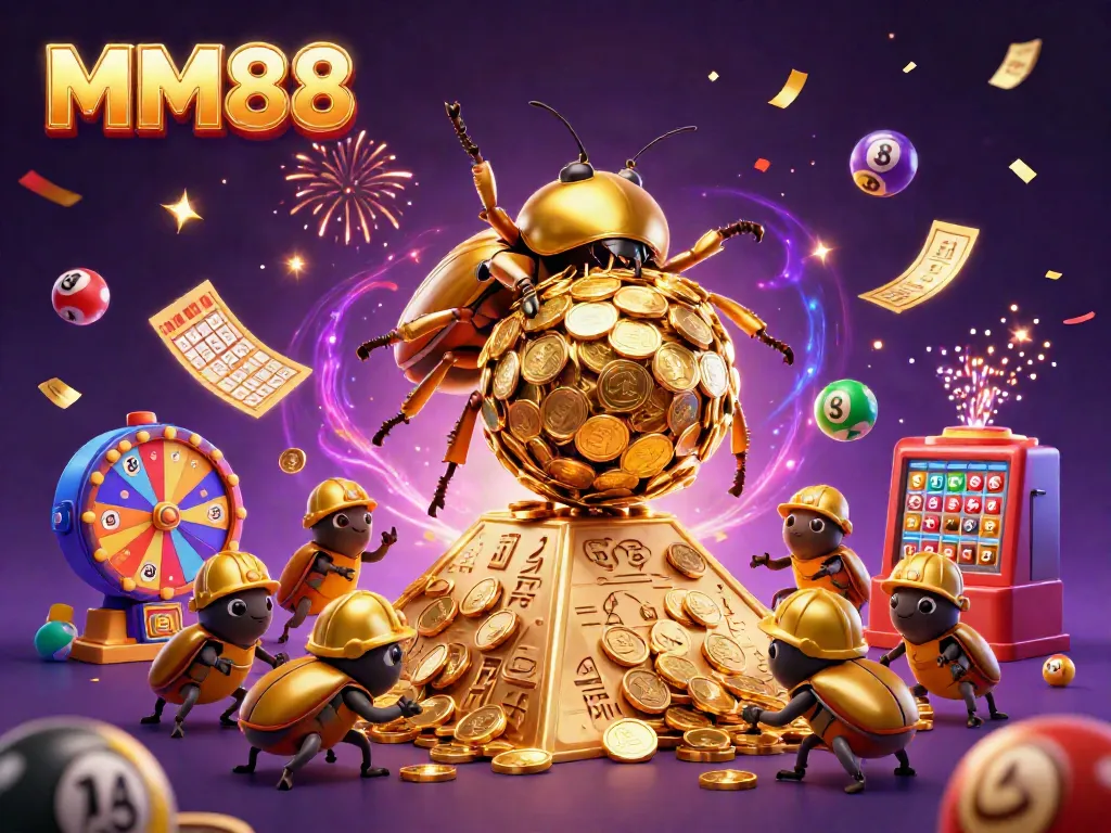 Experience thrilling gameplay at MM88 with a vibrant illustration of colorful lottery balls and golden symbols.
