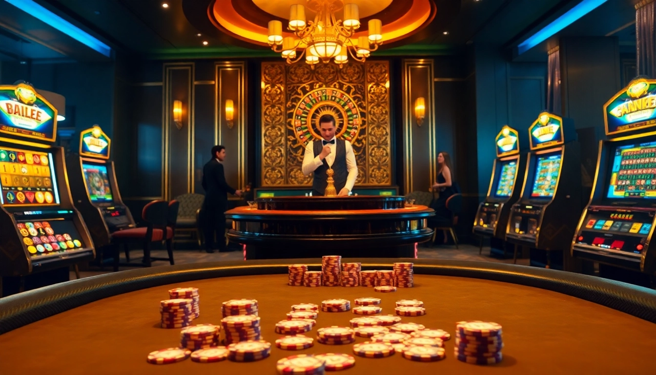 Experience the thrill of gambling at https://mmoo8.art/ with a luxurious casino scene featuring poker tables and roulette wheels.