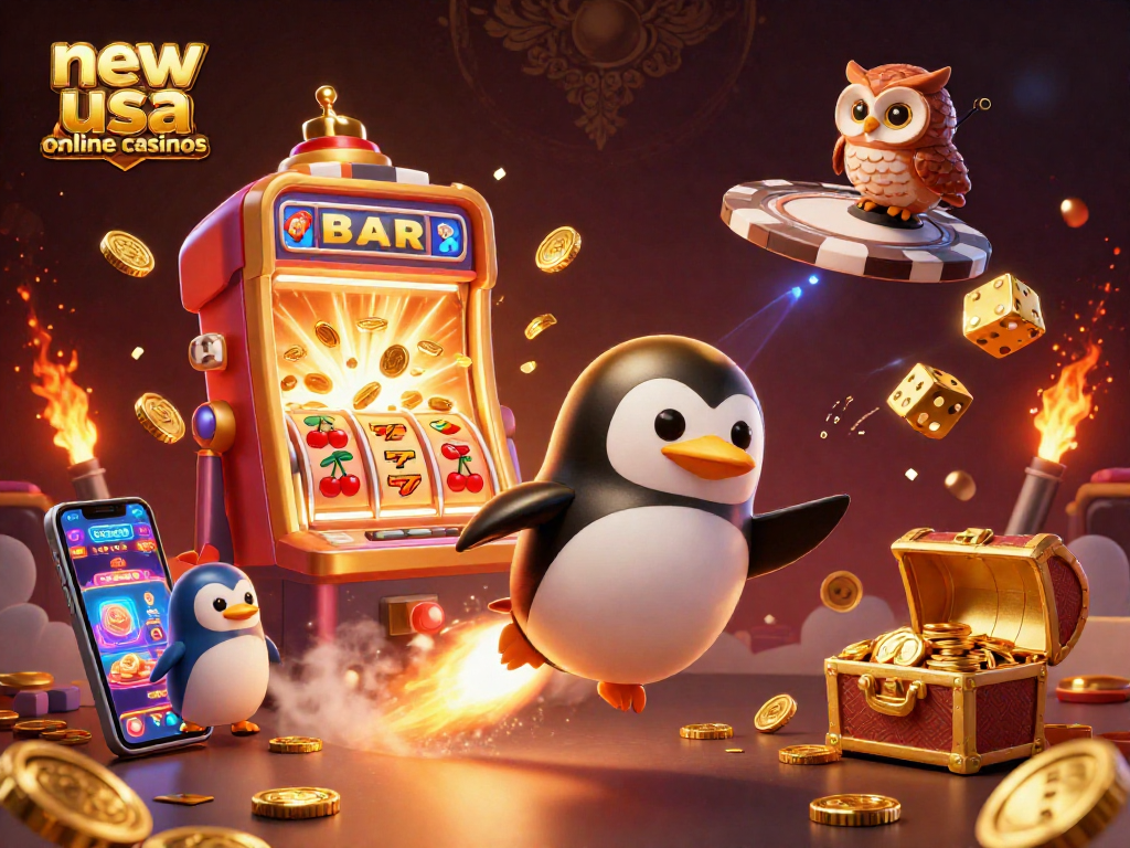 Experience new usa online casinos with a golden penguin soaring towards a poker chip casino amidst jackpots and gaming fun.