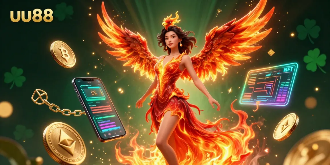 Experience thrilling gameplay with uu88, showcasing a stunning woman and a fire phoenix amid crypto elements.