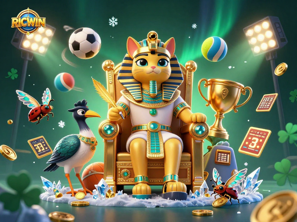 Experience RICWIN excitement with 3D pharaoh cat and sports elements in a dynamic casino illustration.