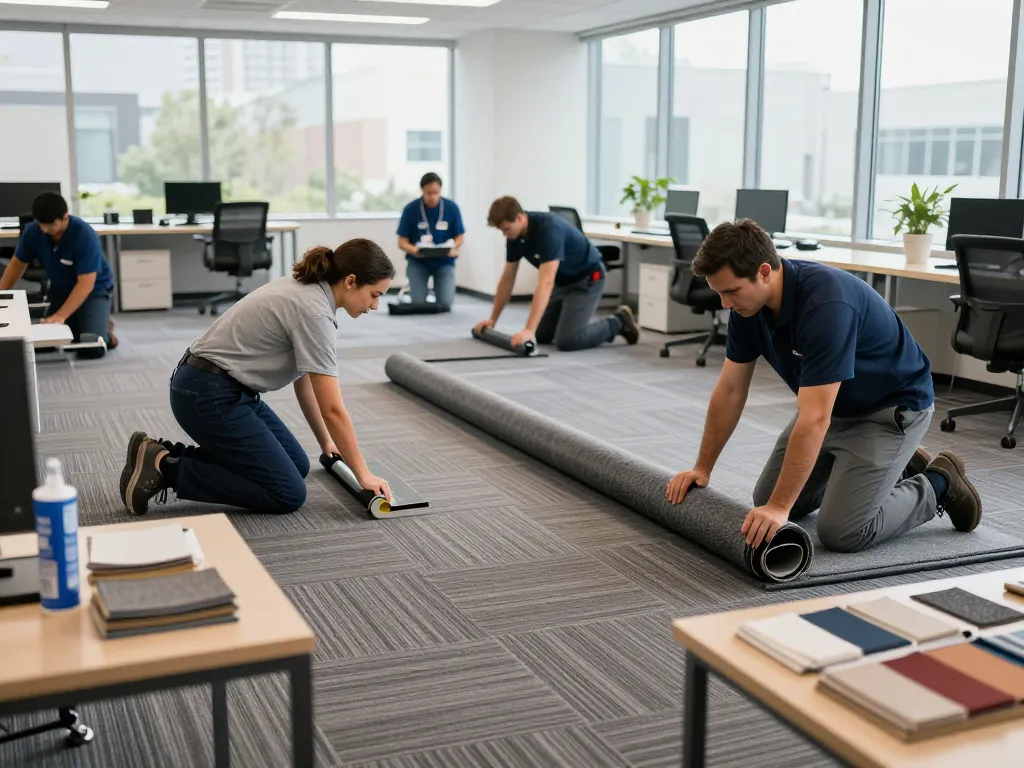 Commercial carpet installation in a modern office by skilled technicians showcasing precision and teamwork.