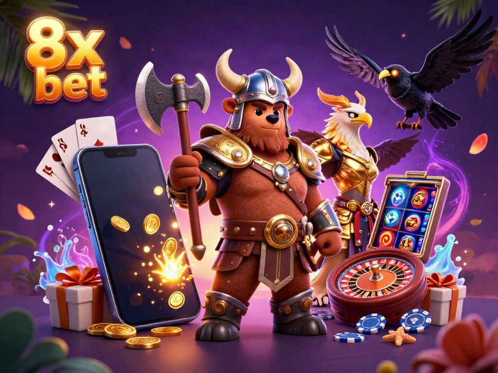 Engage in thrilling gaming adventures at 8x bet with Viking and Valkyrie characters among casino elements.