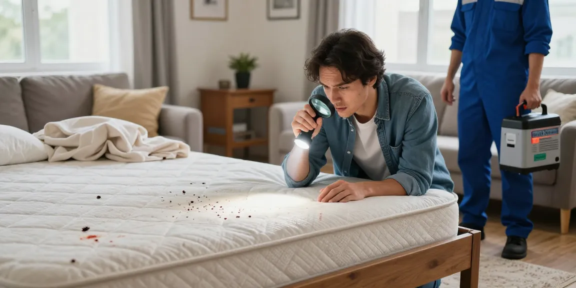 Homeowner inspecting mattress for bed bug treatment signs, highlighting urgent pest control efforts.
