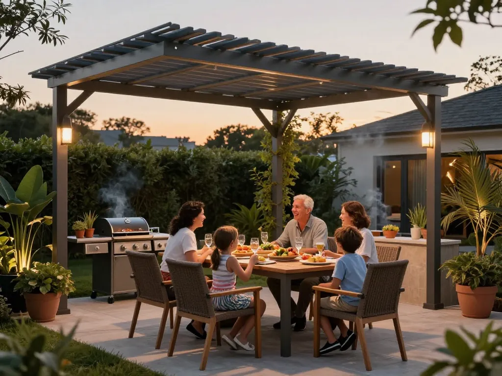 Family enjoying quality time under a pergola configurator-designed outdoor space with vibrant food and drinks.