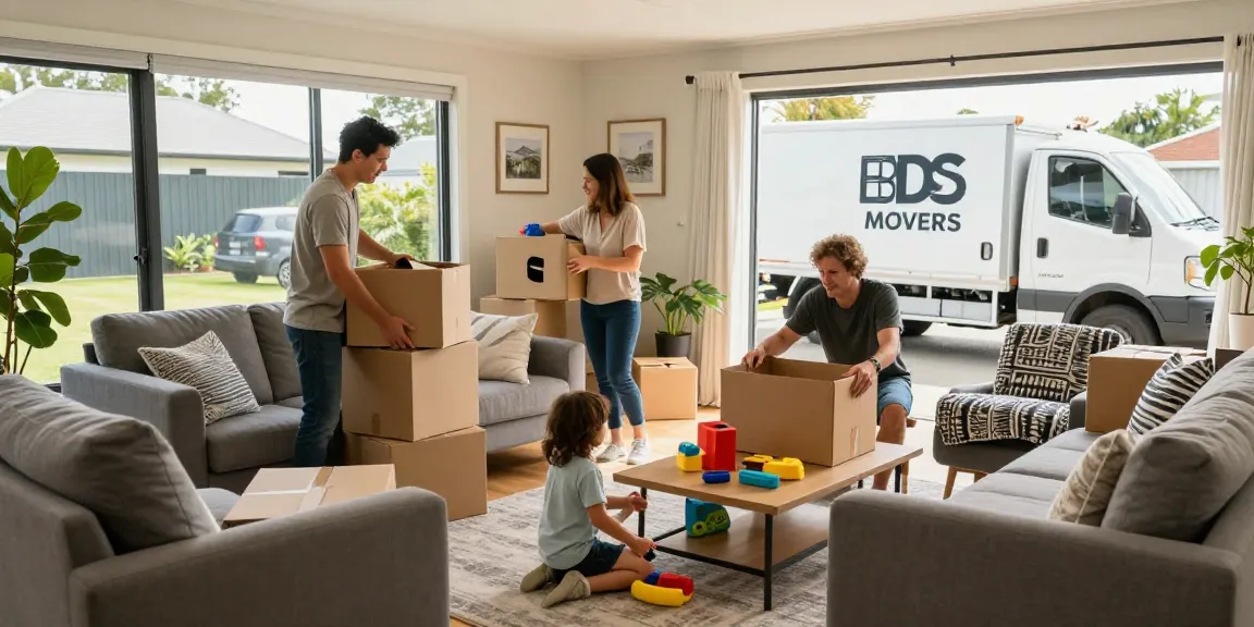 House movers Tauranga assisting a family with unpacking in their new home, creating a warm and joyful atmosphere.