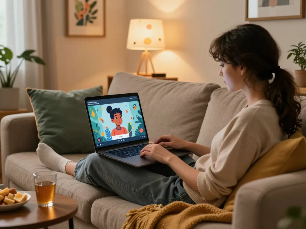 Engaging in an NSFW AI chat on a cozy couch with vibrant decor