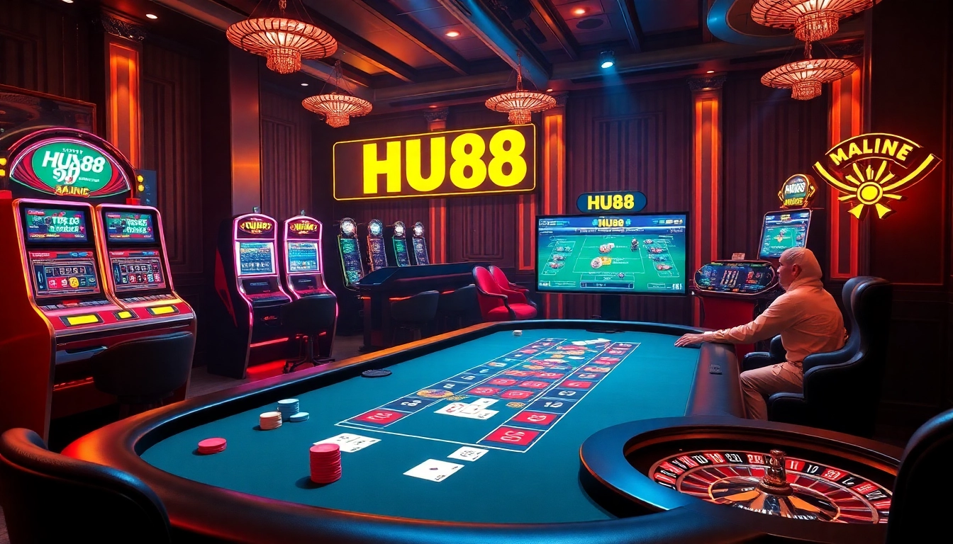 Experience the excitement of HU88 casino with players at a luxurious poker table amidst vibrant slot machines.