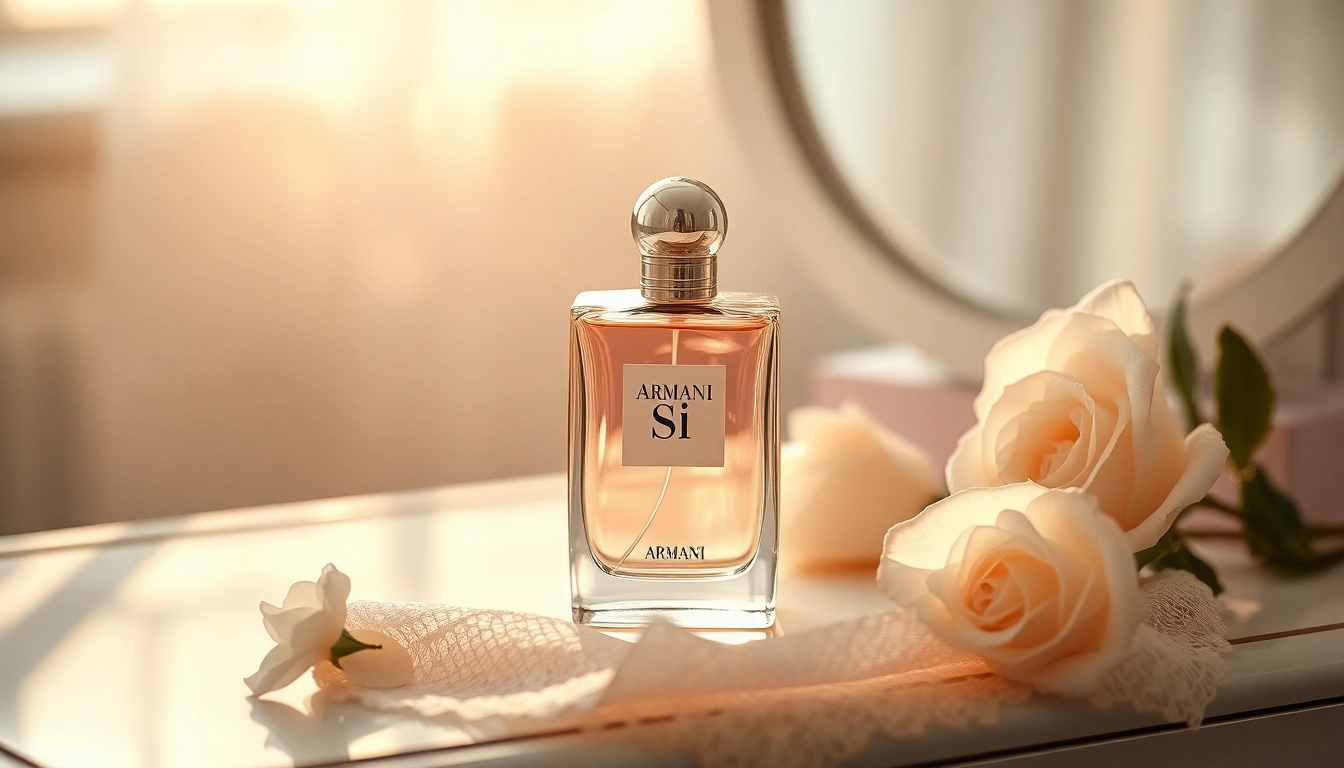 Showcasing Armani si perfume bottle amidst elegant decor, emphasizing luxury and femininity.