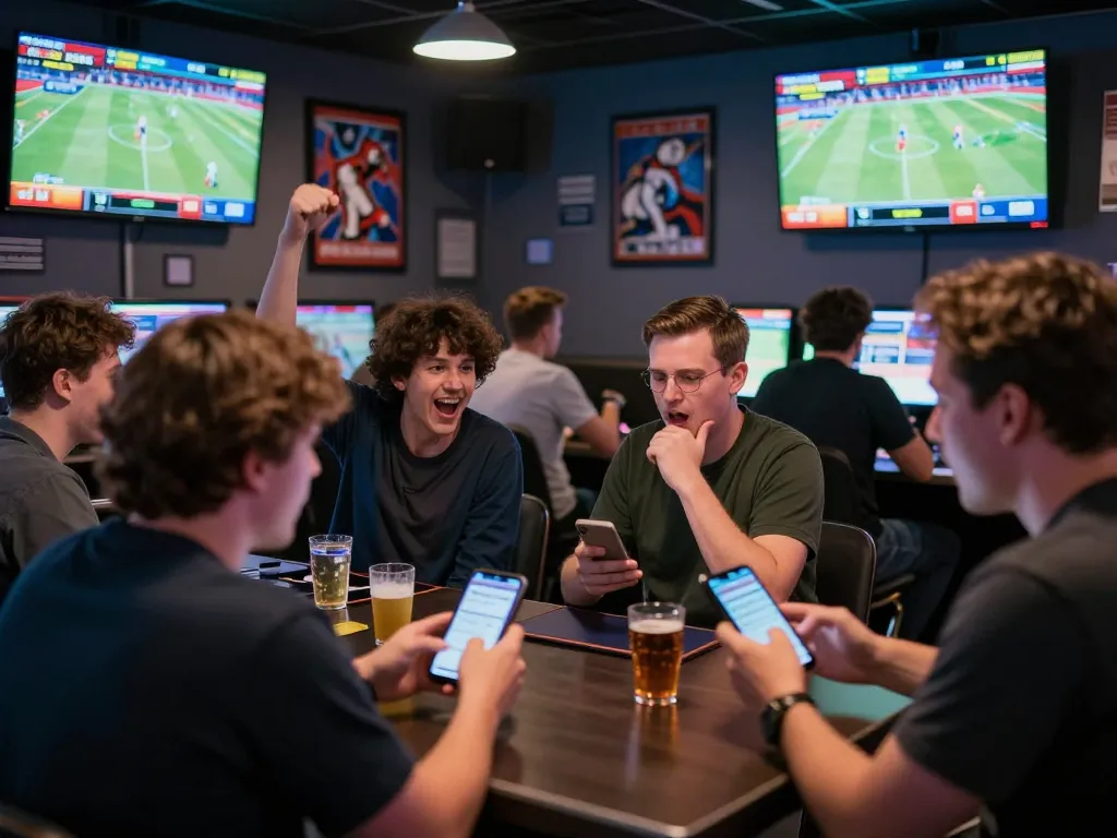 Fans cheering and engaging in sports betting at a lively lounge, showcasing tr88 excitement.