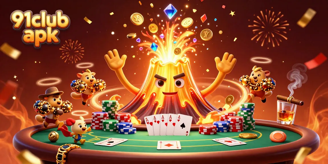 Engage with thrilling gameplay in 91club apk, featuring exciting poker elements amidst a volcanic treasure eruption.