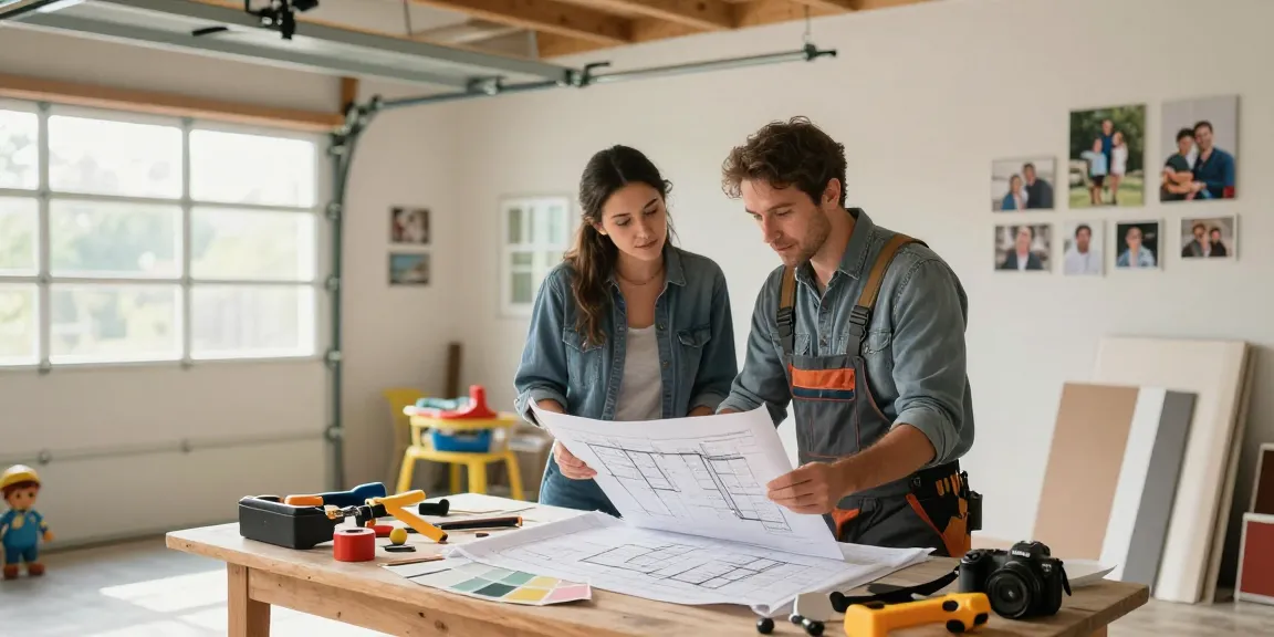 Garage conversion builder discussing renovation plans with homeowners surrounded by tools and samples in a bright garage.