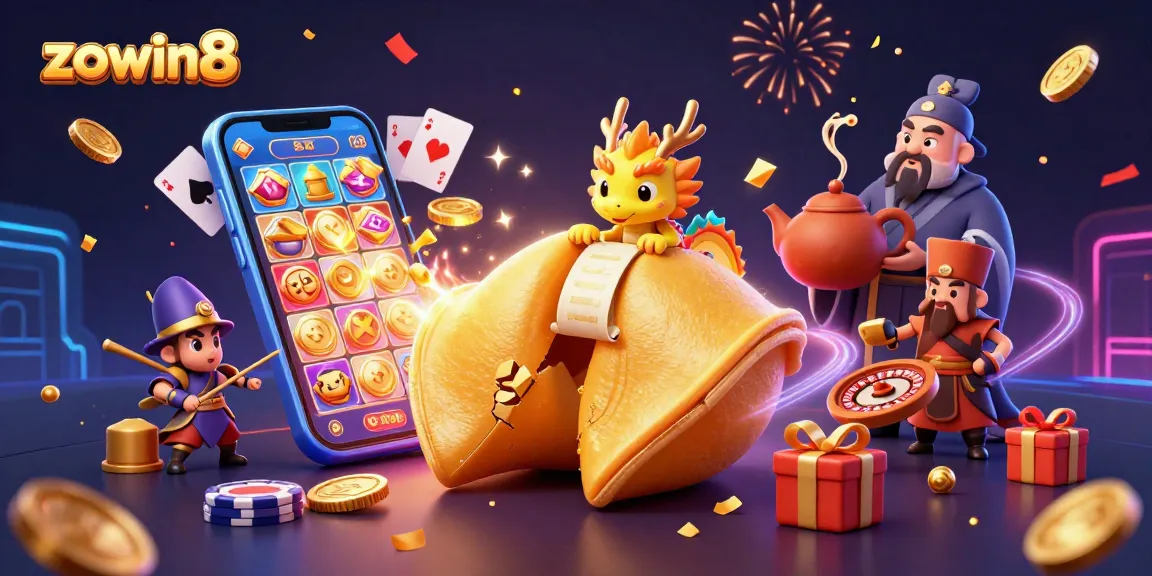 Zowin8 slots game features a golden fortune cookie with a wise dragon amid a dynamic casino scene
