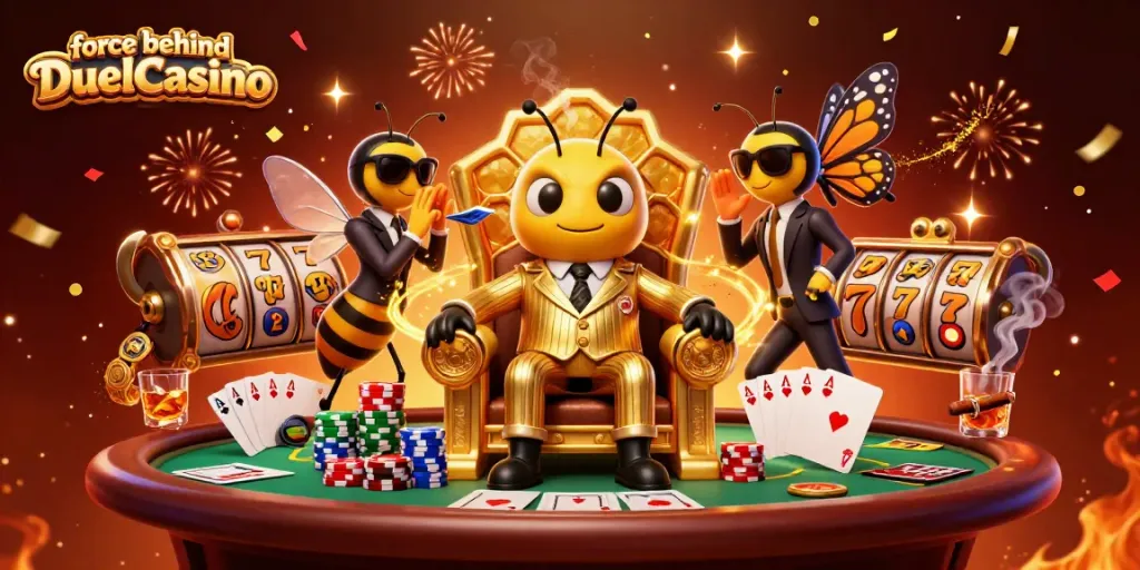 The force behind DuelCasino showcases a cartoon scene featuring a mob boss bee, game elements, and a vibrant casino atmosphere.