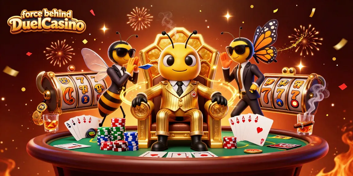 The force behind DuelCasino showcases a cartoon scene featuring a mob boss bee, game elements, and a vibrant casino atmosphere.