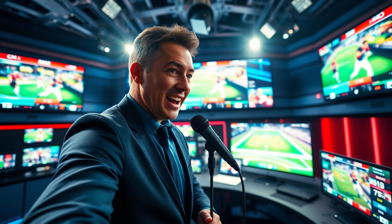 Dynamic sports broadcasting scene showcasing a passionate host with active graphics.