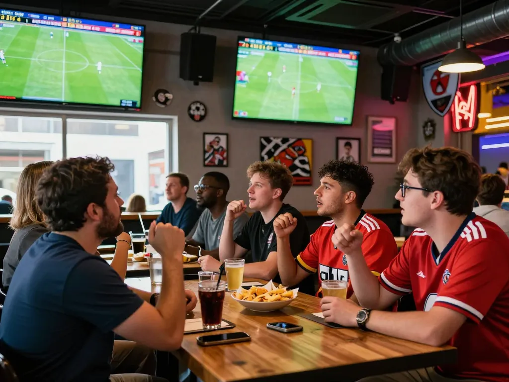 Fans engaging with live scores on NOWGOAL in an exciting sports bar atmosphere