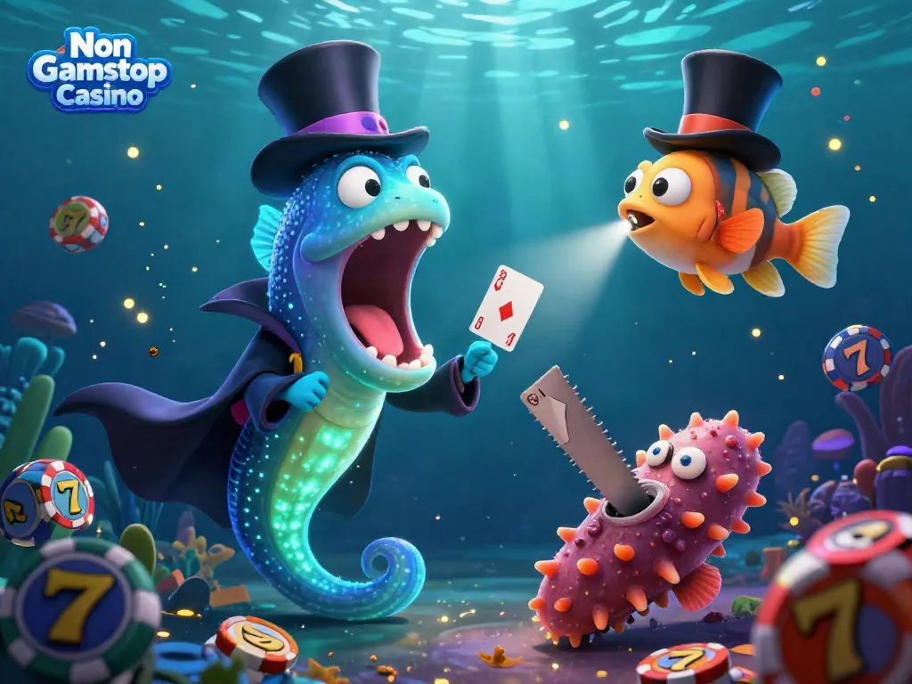 Non Gamstop Casino featuring an engaging underwater magic scene with glowing characters and gambling elements.