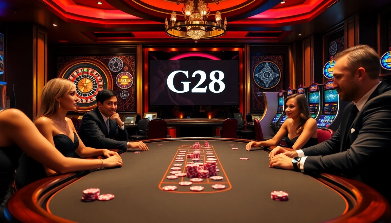Players engaging in an exciting poker game at G28 casino table with luxury ambiance and vibrant atmosphere.