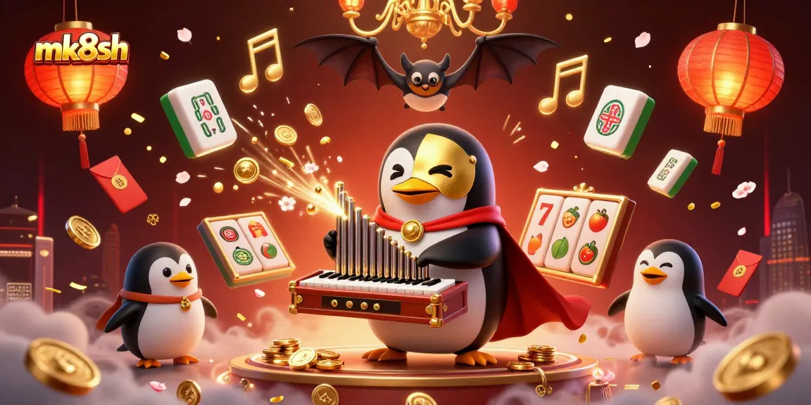 Experience excitement with mk8sh in a vibrant casino scene featuring a whimsical penguin at an organ.