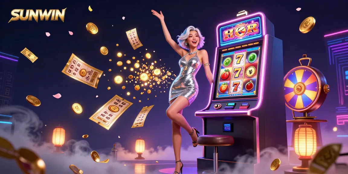 Play exciting slot games at SUNWIN with a glamorous winner celebrating a jackpot!