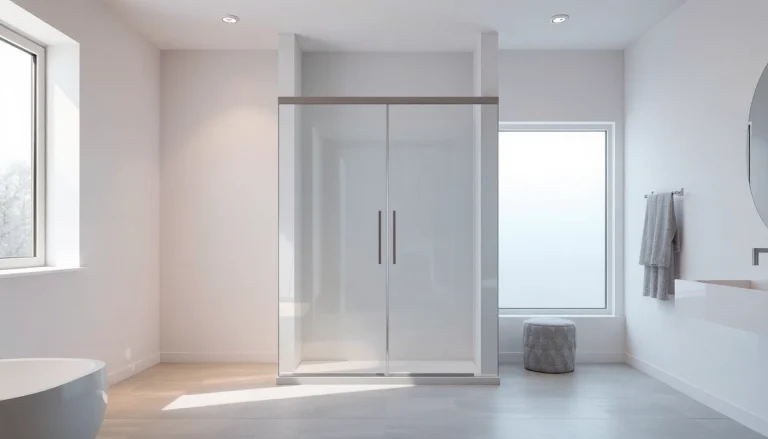Stylish shower sliding doors crystal clear shining in modern bathroom.