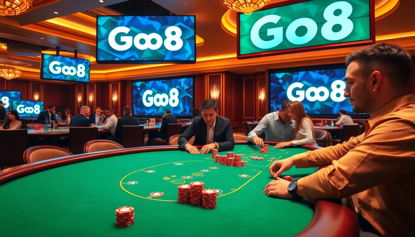 Engage with Go8 gaming excitement at a luxurious casino poker table.