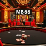 Players engage at the luxurious MB66 poker table, surrounded by vibrant casino visuals.