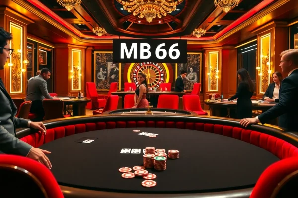 Players engage at the luxurious MB66 poker table, surrounded by vibrant casino visuals.