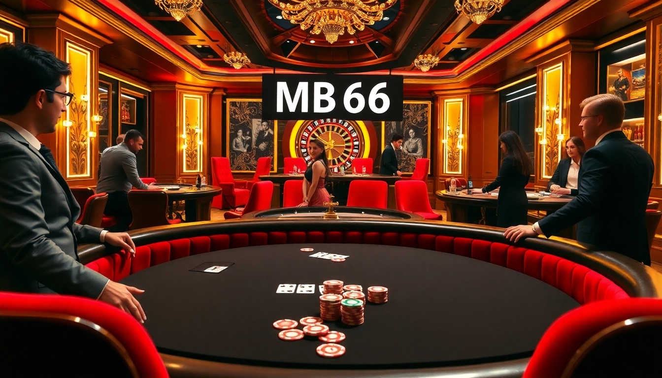 Players engage at the luxurious MB66 poker table, surrounded by vibrant casino visuals.