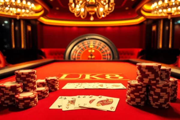 Elevate your gaming with the LUCK8 poker table, featuring elegant cards and vibrant chips.