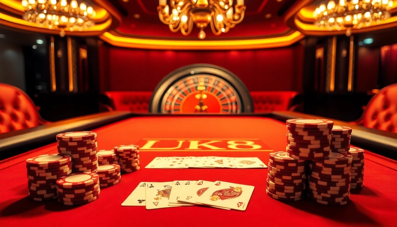 Elevate your gaming with the LUCK8 poker table, featuring elegant cards and vibrant chips.