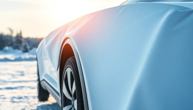 PPF winter road salt protection shines on a vehicle amidst a winter landscape.