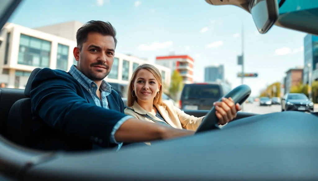 Engaging automatic driving lessons Portsmouth with an instructor and student in a modern urban environment.