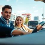 Engaging automatic driving lessons Portsmouth with an instructor and student in a modern urban environment.