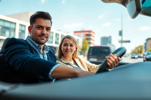 Engaging automatic driving lessons Portsmouth with an instructor and student in a modern urban environment.