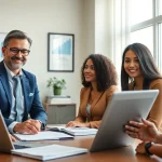 An immigration lawyer in the US consulting diverse clients about investor visa options in a modern office.
