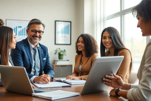 An immigration lawyer in the US consulting diverse clients about investor visa options in a modern office.