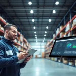 Professional warehouse manager using lot tracking software for real-time inventory management.