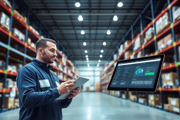 Professional warehouse manager using lot tracking software for real-time inventory management.
