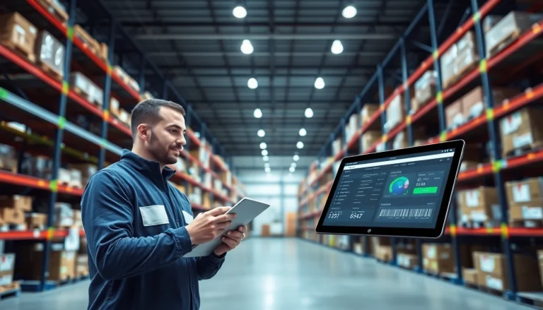 Professional warehouse manager using lot tracking software for real-time inventory management.