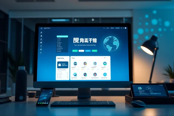 快连下载应用界面显示在现代工作区电脑上，展示技术与安全性。