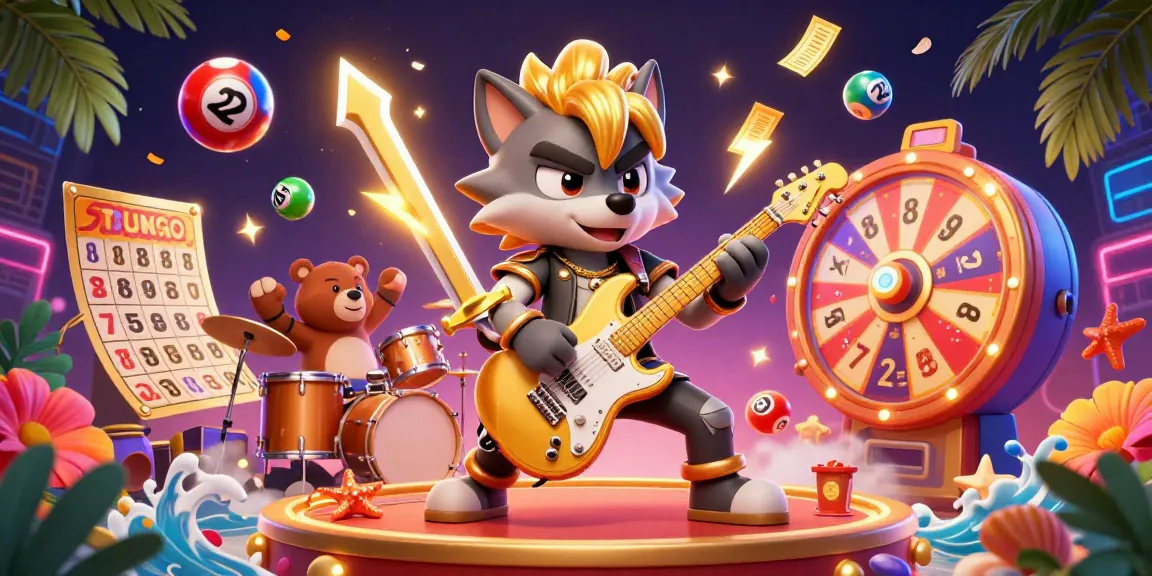 Engage with sunwin in a vibrant casino scene featuring a rock star wolf, bouncing lottery balls, and excitement.