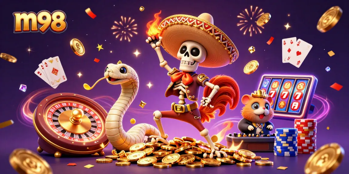 Join the fun with m98 as a mariachi rooster celebrates a jackpot amidst colorful casino elements.