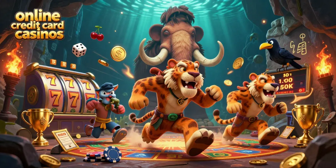 Experience the thrill at online credit card casinos with a vibrant prehistoric casino scene.