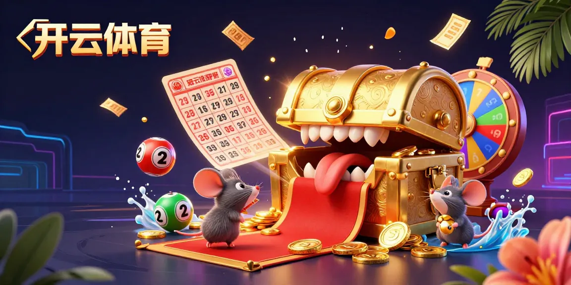 Join the excitement at 开云体育 with a vibrant 3D scene of a treasure chest, lottery balls, and a spinning prize wheel.