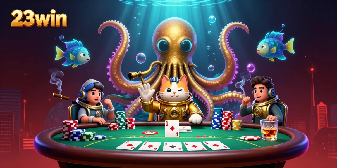 Win big at 23win with a vibrant casino scene featuring a kraken and a diving cat.